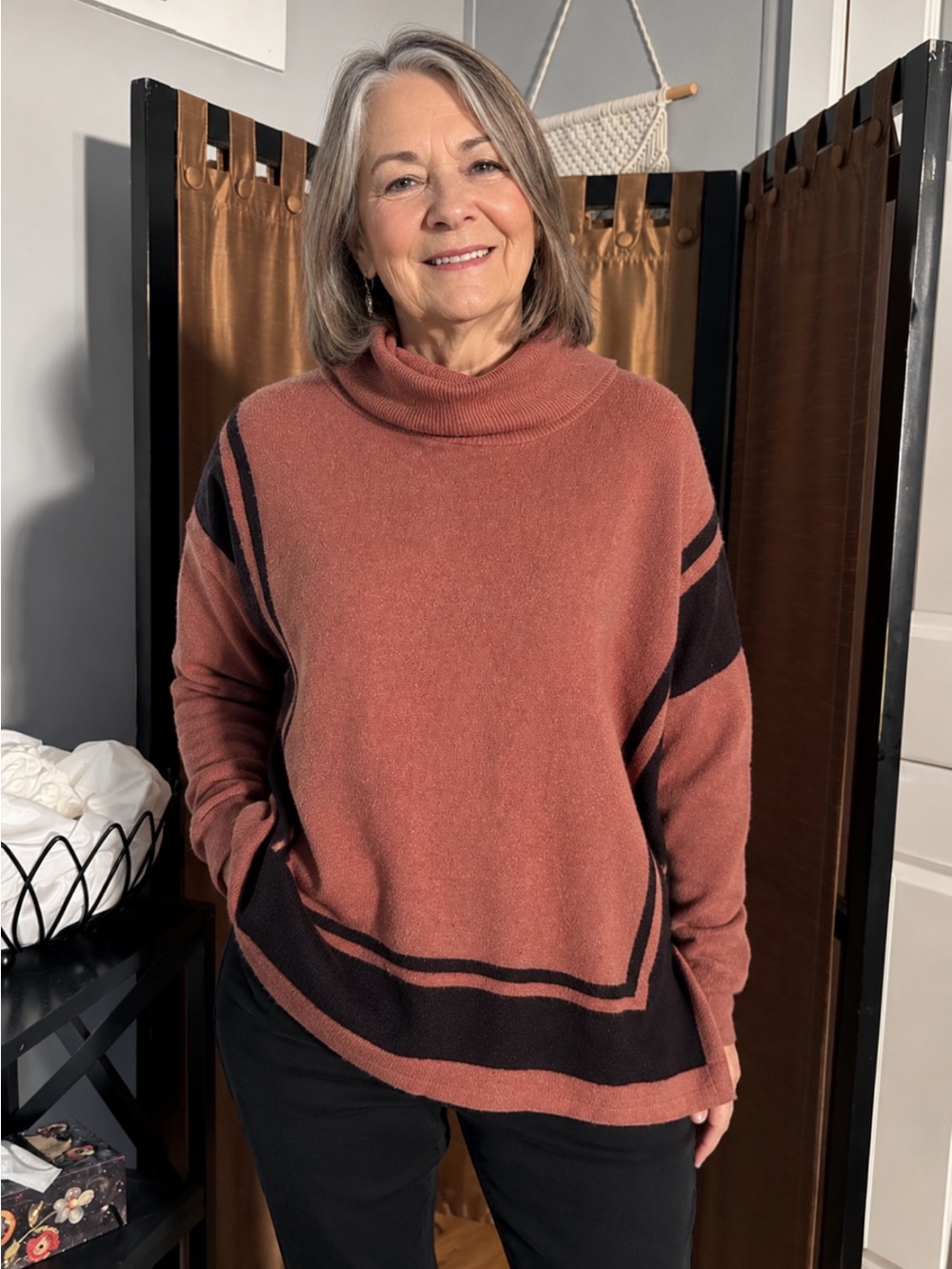 Cozy Brown Turtleneck Sweater with Contrast Trim from Adrienne Vittadini
